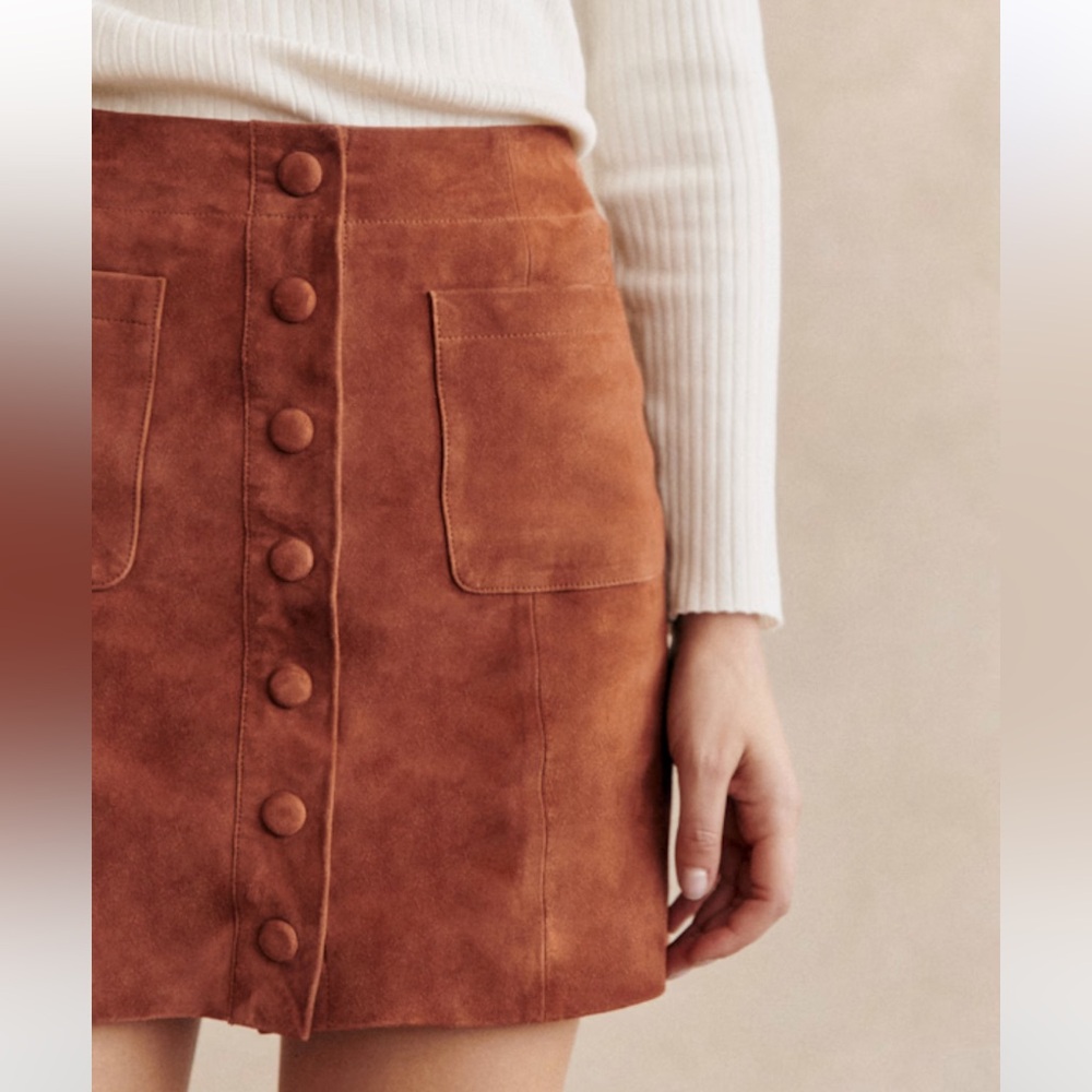 Sézane Nehir Caramel Goat Leather/Suede Skirt size 36 - Picture 2 of 11
